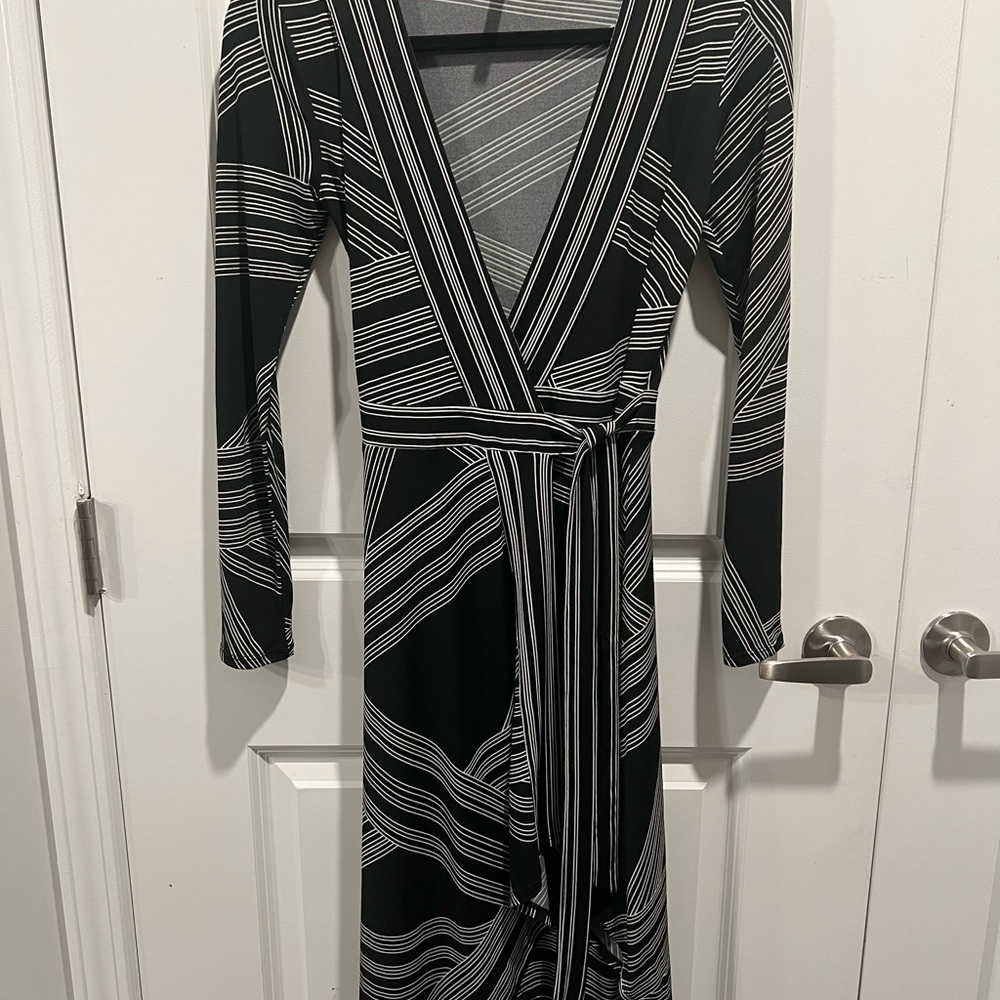 Elegant Black and White Striped Wrap Dress